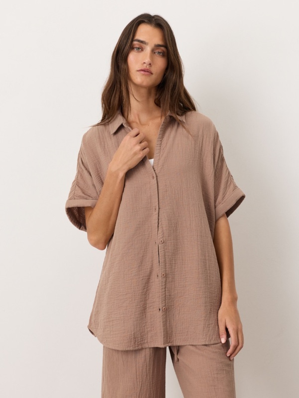 Pact Organic Coastal Double Gauze Oversized Shirt in Driftwood Brown XL EUC